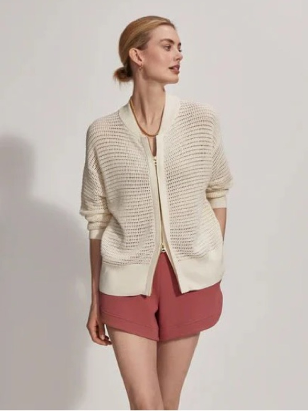 Varley Ward Long-Sleeve Cream Knit Sweater Jacket in Egret, Size